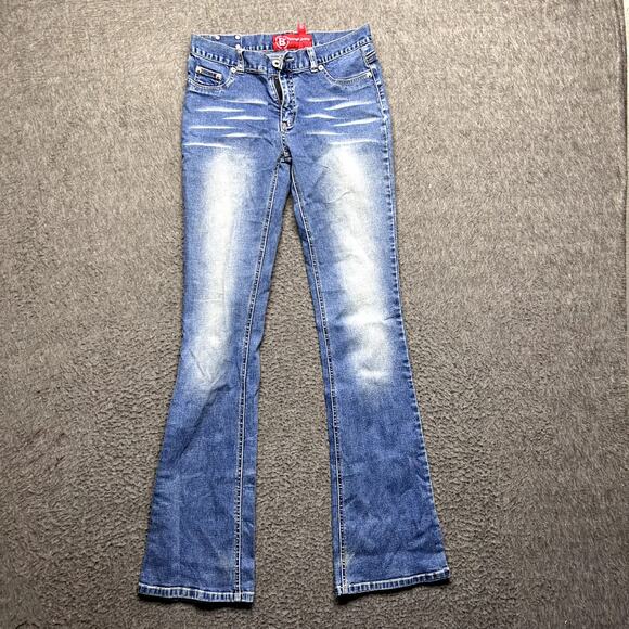 Bongo Jeans Women’s Size 1 Blue Bootcut Stretch Denim Whiskered Distressed - Picture 2 of 16